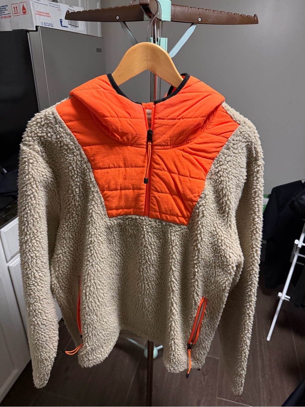 PacSun Kids Cream Sherpa Jacket with Bright Orange Quilted Hood